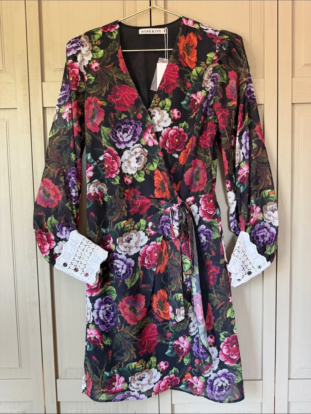 Floral Mini Dress With Blouson Sleeve And Contrast Lace Cuff